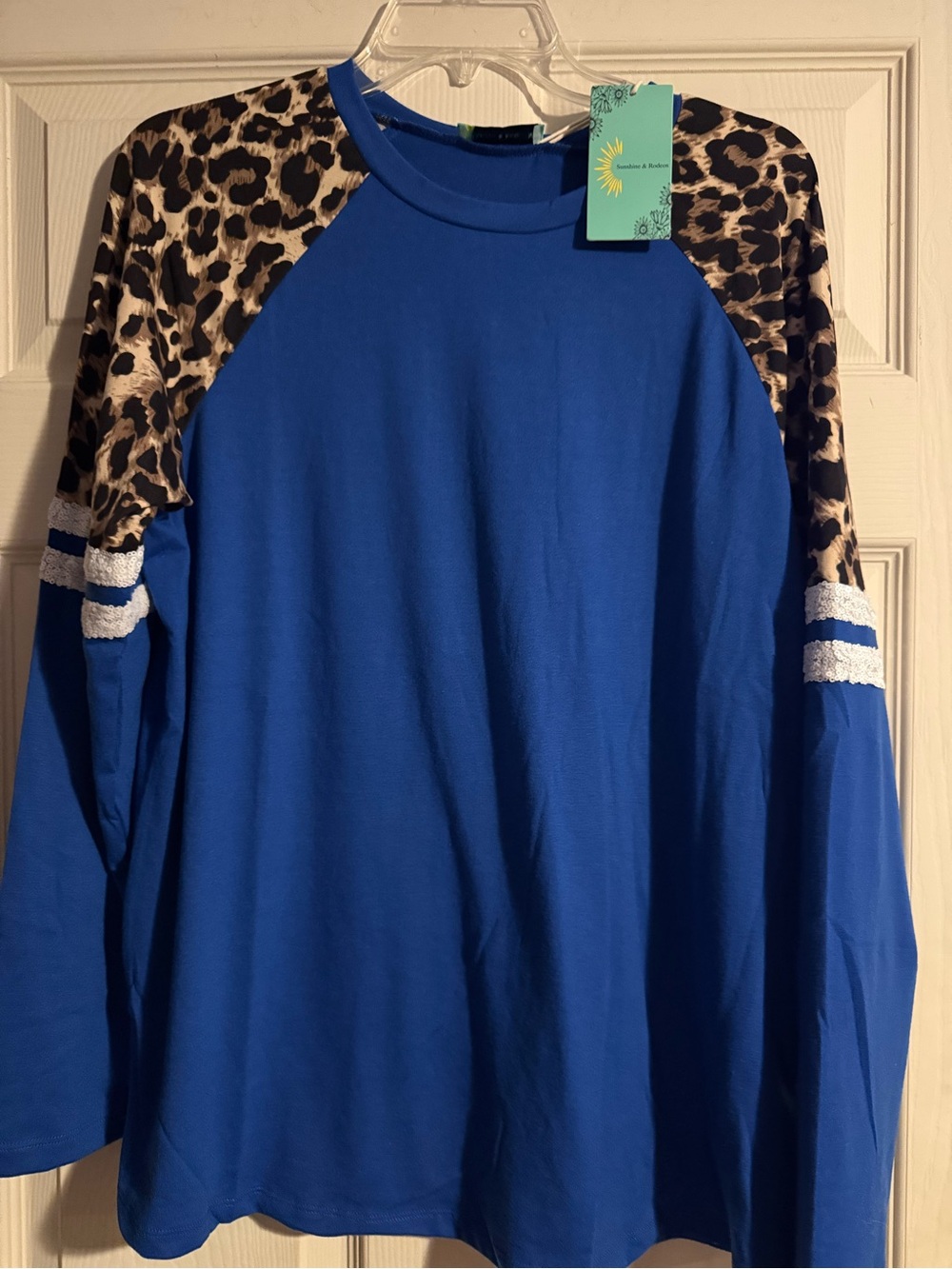 Women's Royal Blue Raglan Top with Leopard-Print Shoulder Accents